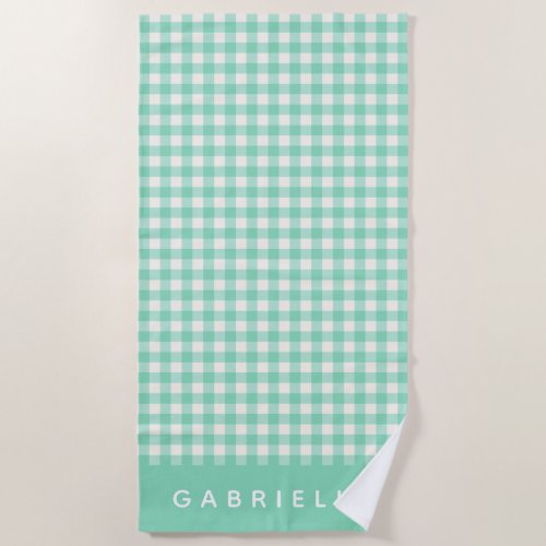 Cute Vintage Mint Green Gingham Plaid Personalized Beach Towel