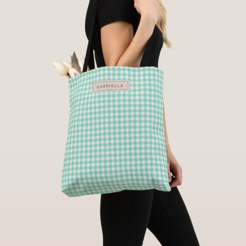Cute Vintage Mint Green Gingham Plaid Personalized Tote Bag