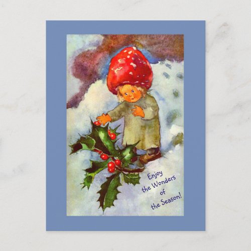 Cute Vintage Mushroom Child with Snow and Holly Postcard