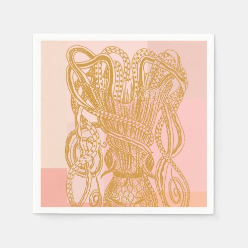 Cute Vintage Octopus Line Art Illustration in Pink Napkins
