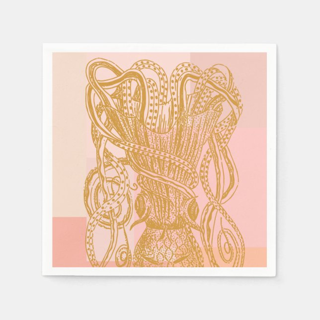 Cute Vintage Octopus Line Art Illustration in Pink Napkins (Front)