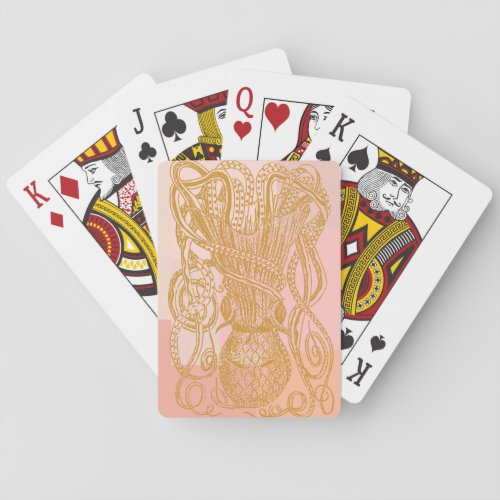 Cute Vintage Octopus Line Art Illustration in Pink Poker Cards