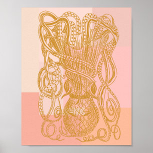Cute Vintage Octopus Line Art Illustration in Pink Poster