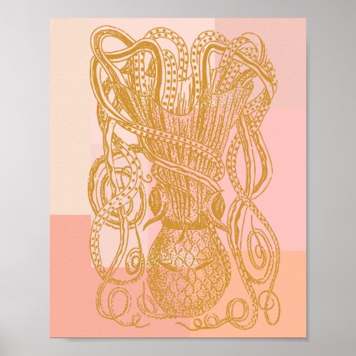 Cute Vintage Octopus Line Art Illustration in Pink Poster