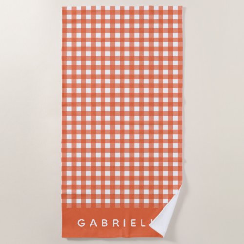 Cute Vintage Orange Gingham Plaid Personalized Beach Towel