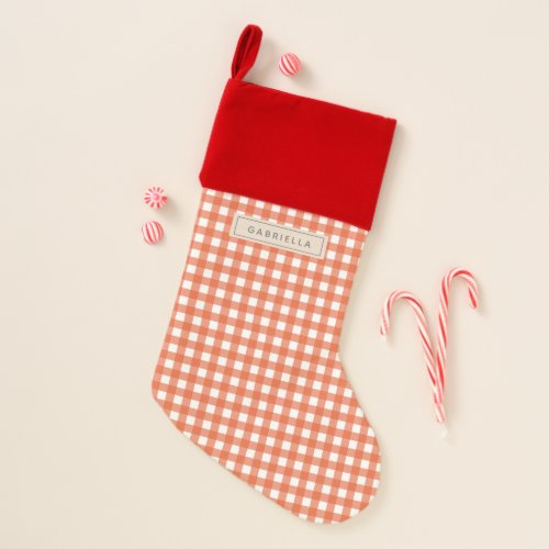 Cute Vintage Orange Gingham Plaid Personalized  Christmas Stocking