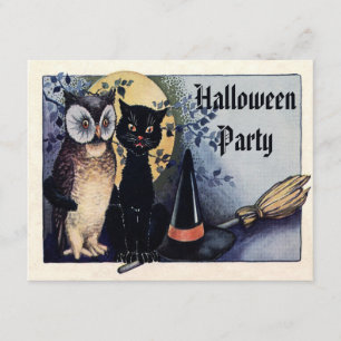 Cute Vintage Owl and Cat Halloween Party Invitation