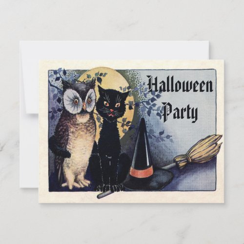 Cute Vintage Owl and Cat Halloween Party Invitation