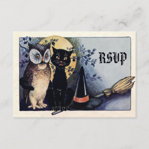 Cute Vintage Owl and Cat Halloween RSVP
