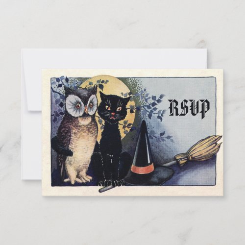 Cute Vintage Owl and Cat Halloween RSVP