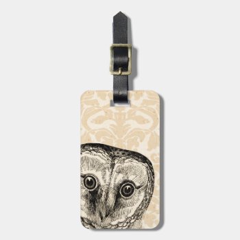 Cute Vintage Owl In Black On Tan Damask Luggage Tag by AnyTownArt at Zazzle