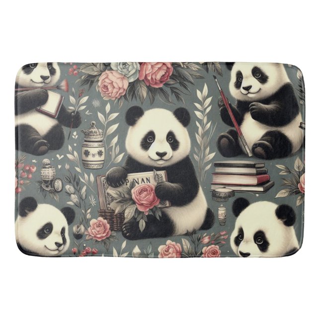 Cute Vintage Panda Floral Bath Mat (Front)