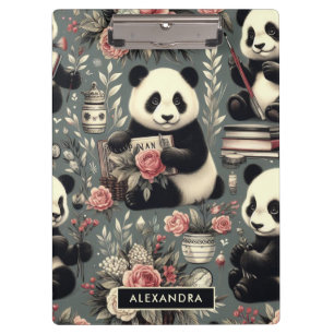 Cute Vintage Panda Floral Clipboard