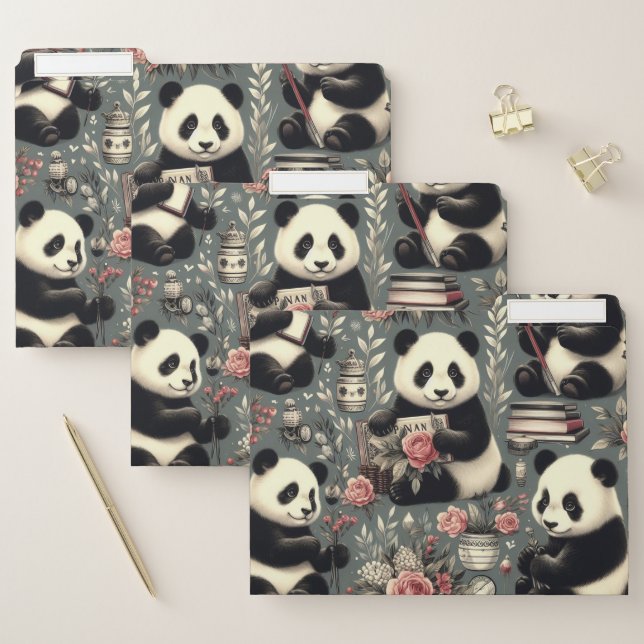 Cute Vintage Panda Floral File Folder (Set)