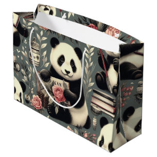 Cute Vintage Panda Floral Large Gift Bag