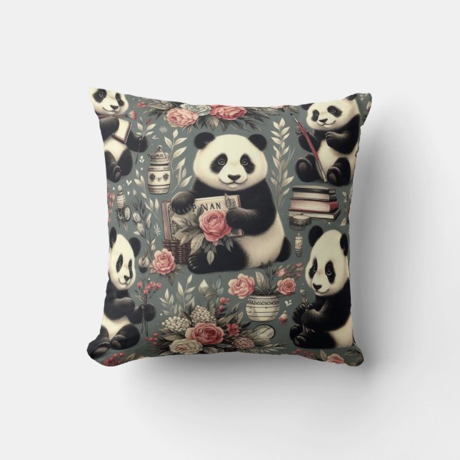 Cute Vintage Panda Floral Throw Pillow (Front)