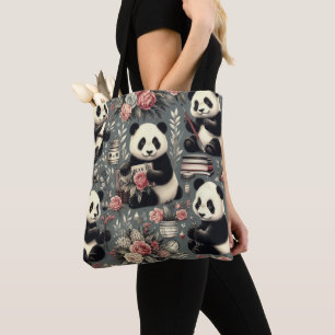 Cute Vintage Panda Floral Tote Bag