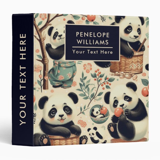Cute Vintage Panda Seamless Painting 3 Ring Binder (Front/Spine)