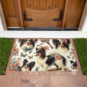 Cute Vintage Papillon Dog Illustration Doormat