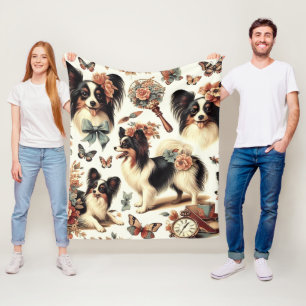Cute Vintage Papillon Dog Illustration Fleece Blanket