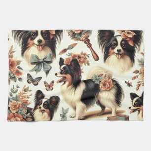 Cute Vintage Papillon Dog Illustration Kitchen Towel