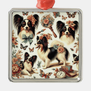 Cute Vintage Papillon Dog Illustration Metal Ornament