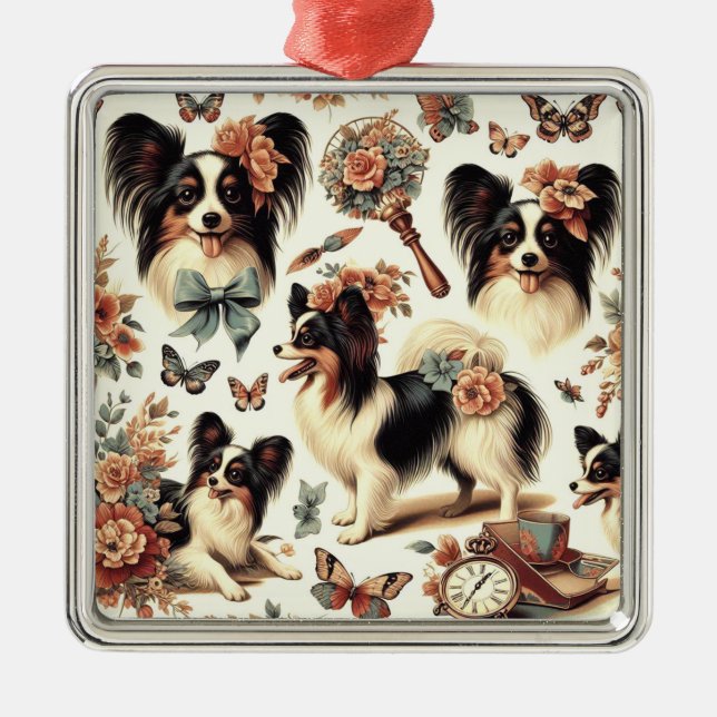 Cute Vintage Papillon Dog Illustration Metal Ornament (Front)
