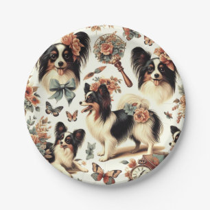 Cute Vintage Papillon Dog Illustration Paper Plates