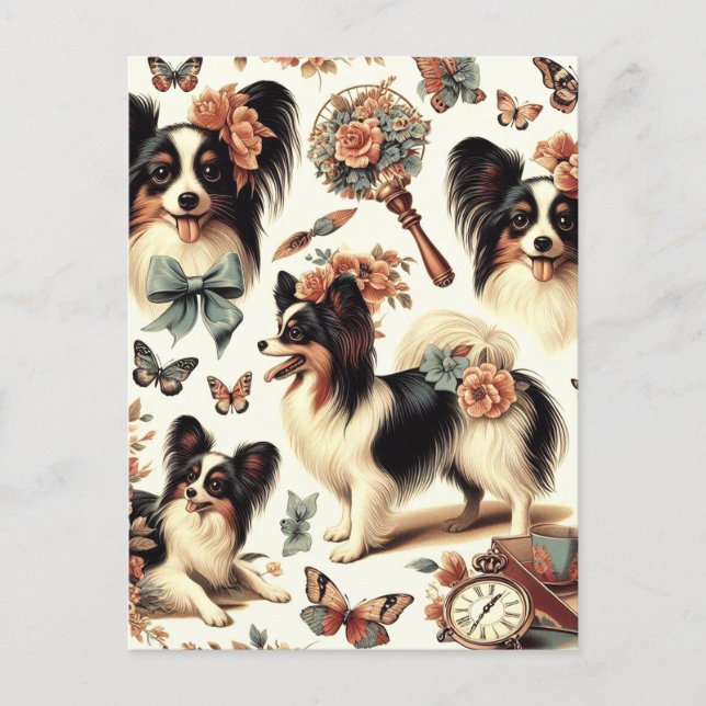 Cute Vintage Papillon Dog Illustration Postcard (Front)