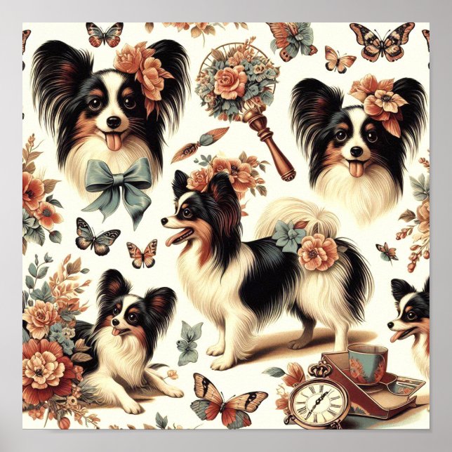 Cute Vintage Papillon Dog Illustration Poster (Front)