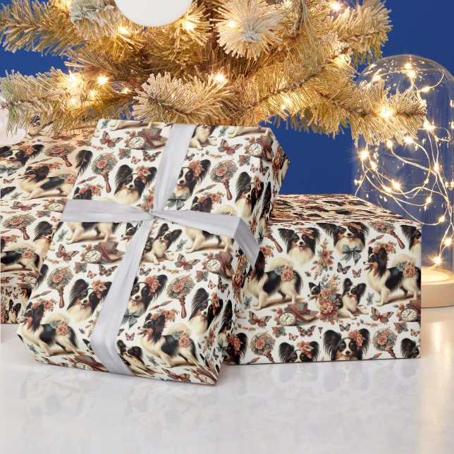 Cute Vintage Papillon Dog Illustration Wrapping Paper (Holidays)