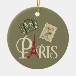 Cute Vintage Paris Luggage Stamp and Eiffel Tower Ceramic Ornament
