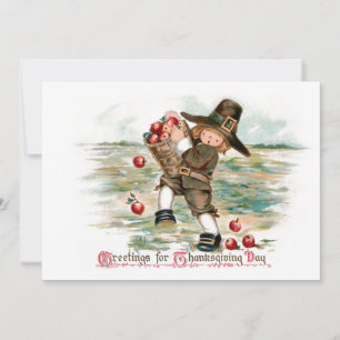 Cute Vintage Pilgrim Boy with Apples Holiday Card