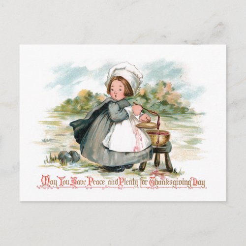 Cute Vintage Pilgrim Girl with Cooking Pot Postcard