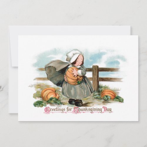 Cute Vintage Pilgrim Girl with Pumpkins Holiday Card