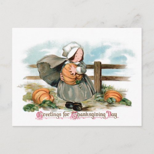 Cute Vintage Pilgrim Girl with Pumpkins Postcard