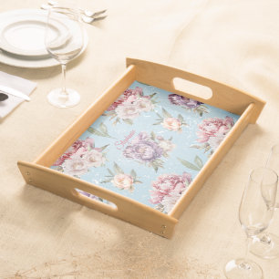Cute Vintage Pink and White Floral Peony Pattern Serving Tray