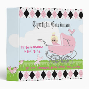 Cute Vintage Pink Baby Girl Carriage 3 Ring Binder