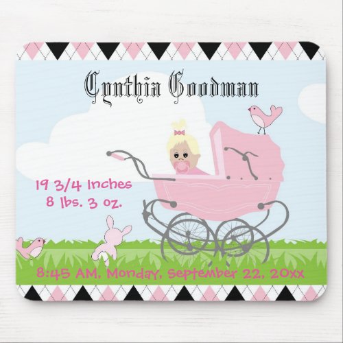 Cute Vintage Pink Baby Girl Carriage Mouse Pad