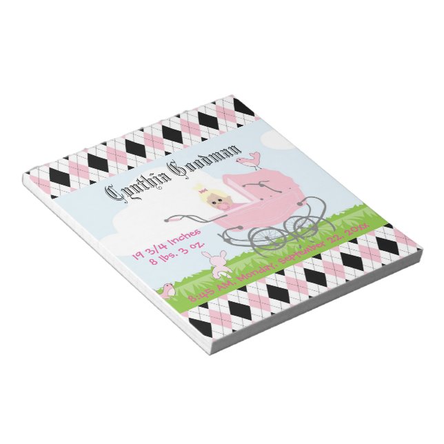 Cute Vintage Pink Baby Girl Carriage Notepad (Angled)