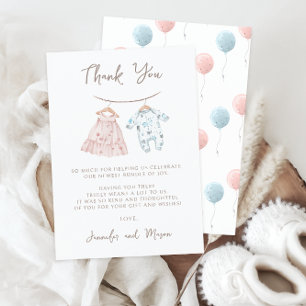 Cute Vintage Pink Blue Baby Clothes Gender Reveal Thank You Card