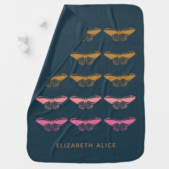 Cute Vintage Pink Butterfly Illustration Baby Blanket (In Situ)