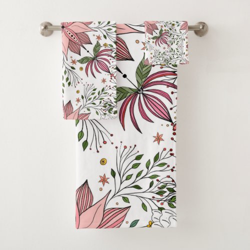Cute Vintage Pink Floral Doodles Tile Art Bath Towel Set