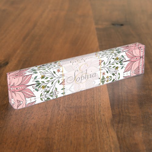 Cute Vintage Pink Floral Doodles Tile Art Desk Name Plate