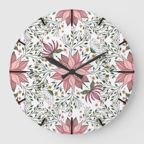 Cute Vintage Pink Floral Doodles Tile Art Large Clock