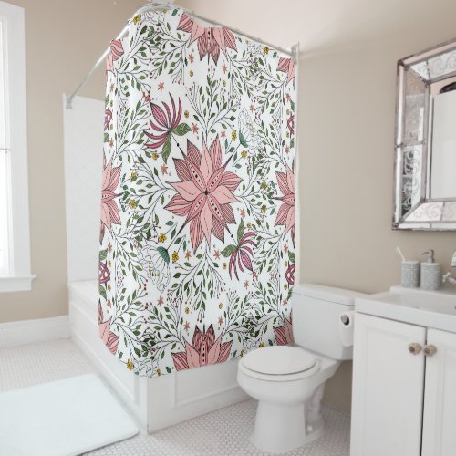 Cute Vintage Pink Floral Doodles Tile Art Shower Curtain