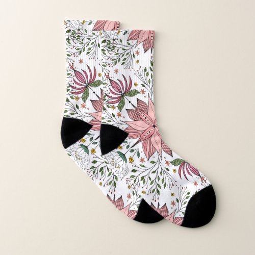 Cute Vintage Pink Floral Doodles Tile Art Socks