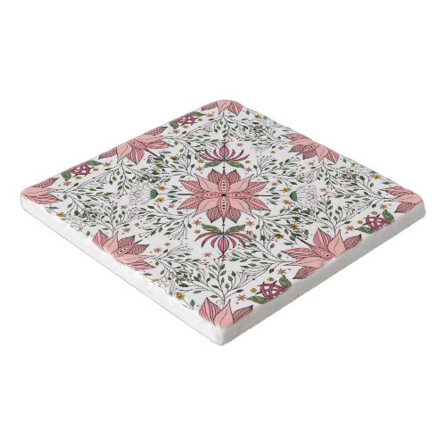 Cute Vintage Pink Floral Doodles Tile Art Trivet