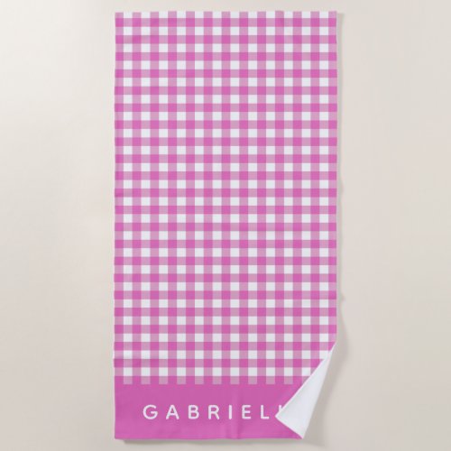 Cute Vintage Pink Gingham Plaid Personalized  Beach Towel