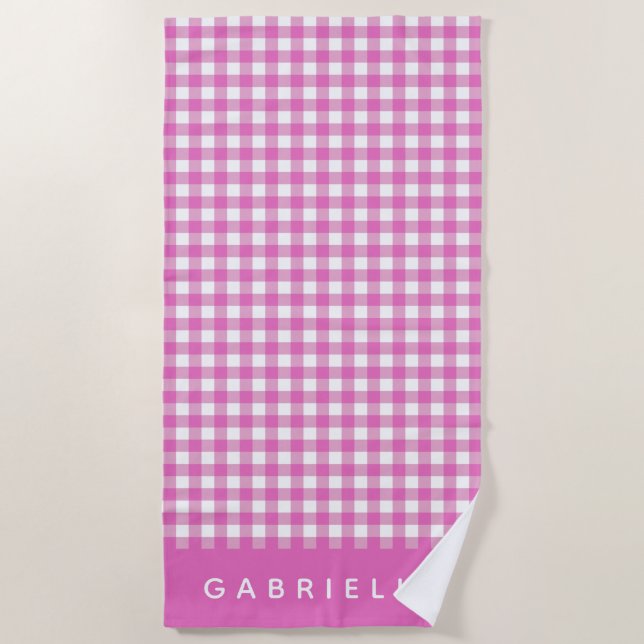 Cute Vintage Pink Gingham Plaid Personalized  Beach Towel (Front)
